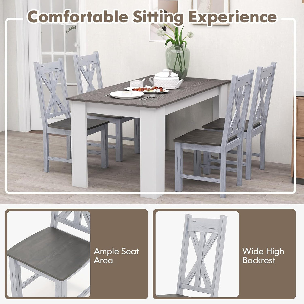 Goflame Retro Wooden Dining Chairs Set, Farmhouse Kitchen Chairs w/Rubber Wood Frame, Elegant Hollowed Backrest