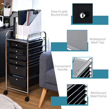 6 Storage Drawer Cart Rolling Organizer Cart, Black - Goflame