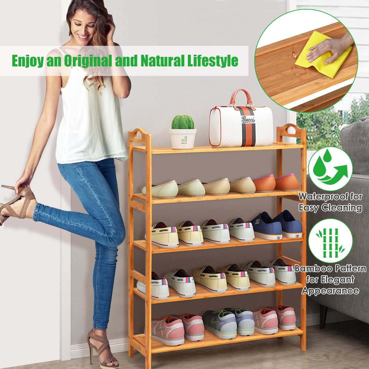 Bamboo Shoe Rack 5 Tier, Freestanding Shoe Rack - Goflameus