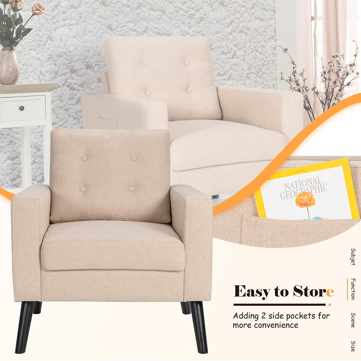Linen Fabric Armchairs with Side Pockets and Wood Legs, Set of 2 - Goflame