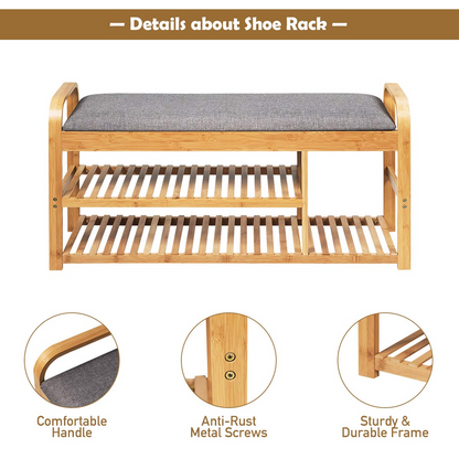 Goflame Shoe Rack Bench, Entryway 3-Tier Bamboo Shoe Organizer with Cushion (Natural and Grey)