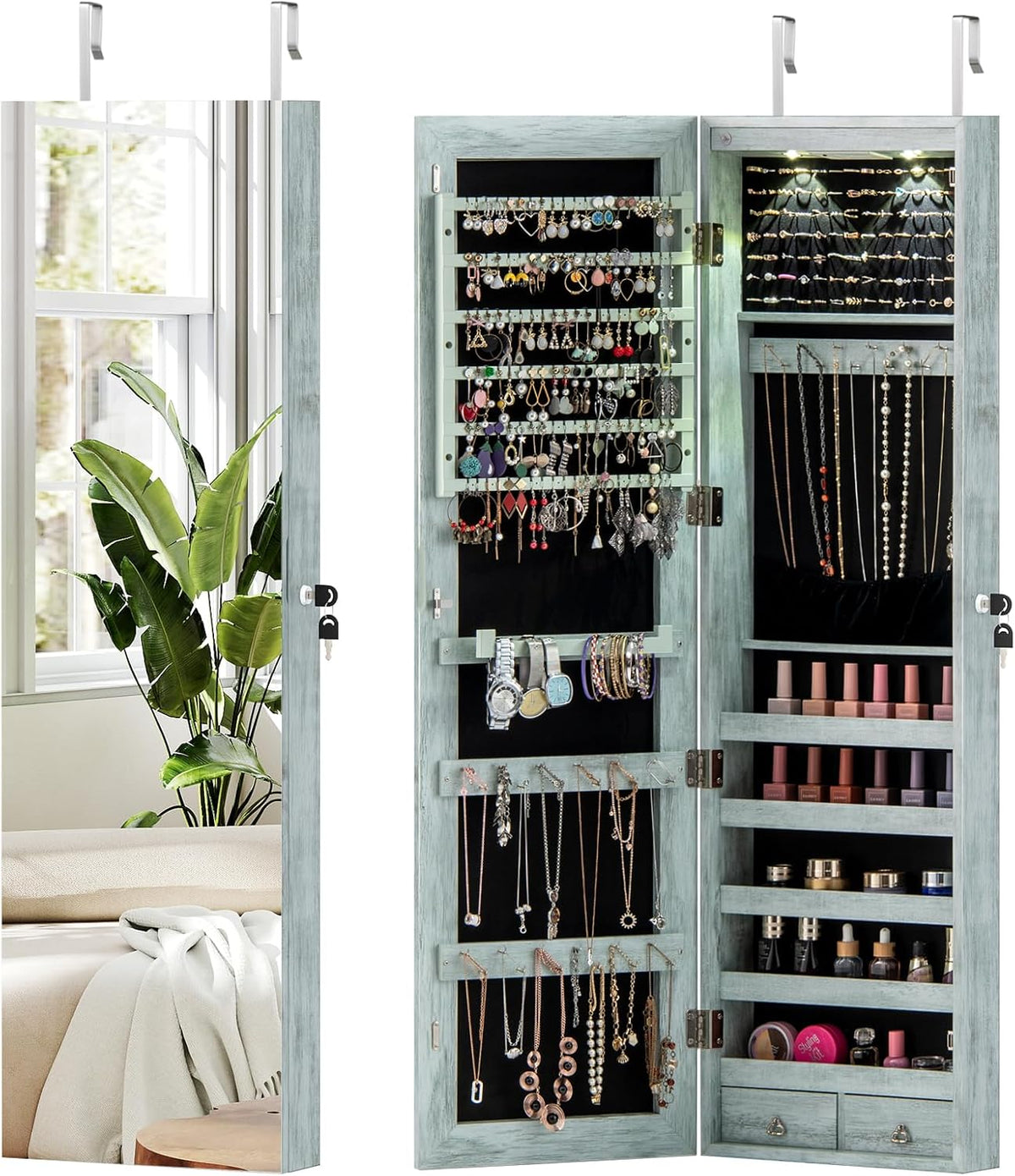 Jewelry Cabinet Wall Door Mounted, 47.5” Frameless Full Length Mirror with Storage & LED Lights