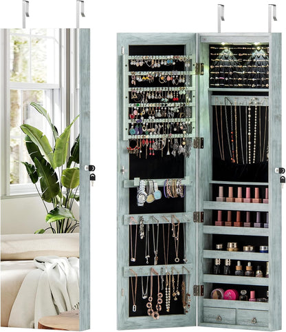 Jewelry Cabinet Wall Door Mounted, 47.5” Frameless Full Length Mirror with Storage & LED Lights