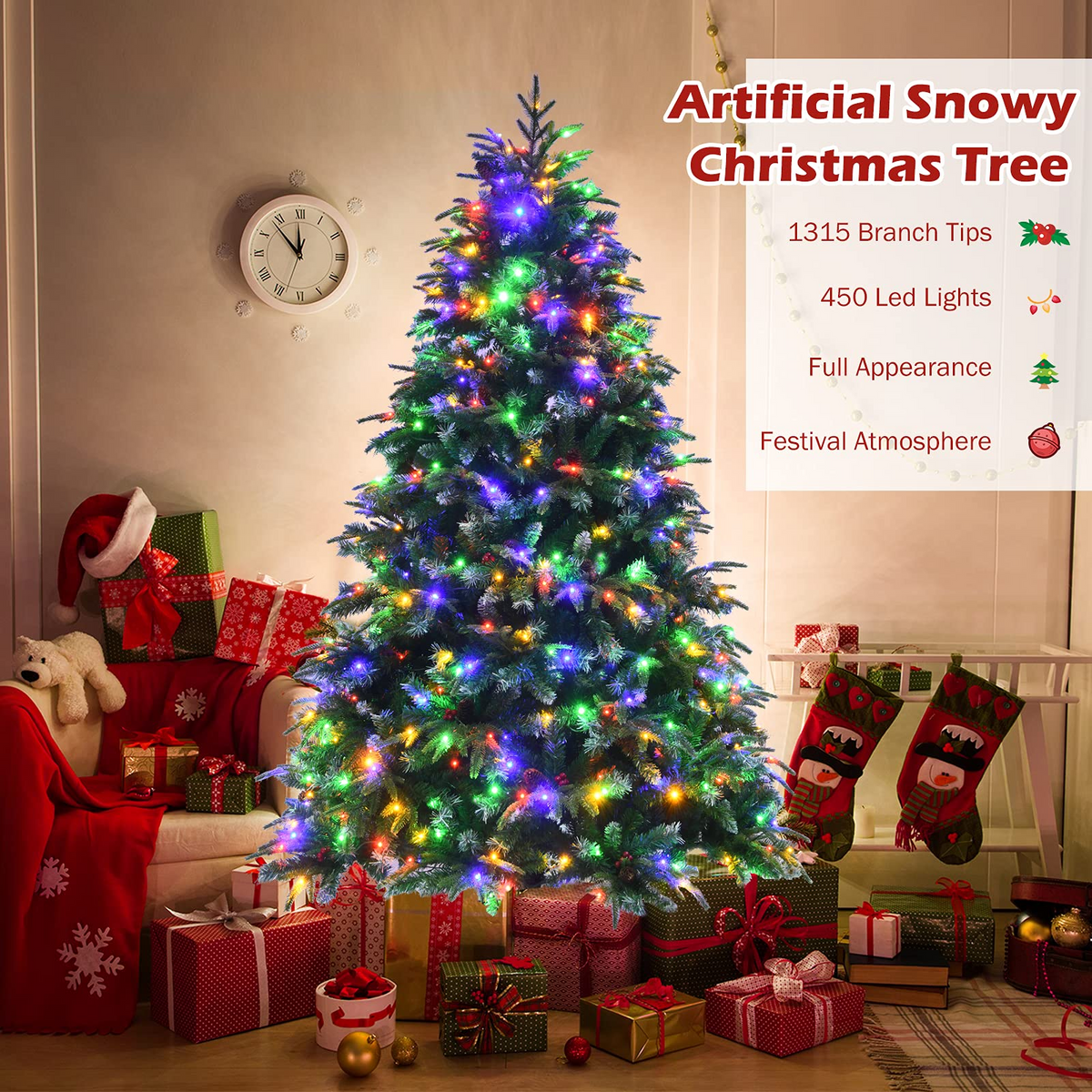 Goflame 7FT Pre-Lit Artificial Christmas Tree, Hinged Realistic Snowy Xmas Pine Tree W/ 450 Color Changing LED Lights, 11 Flash Modes - GoflameUS