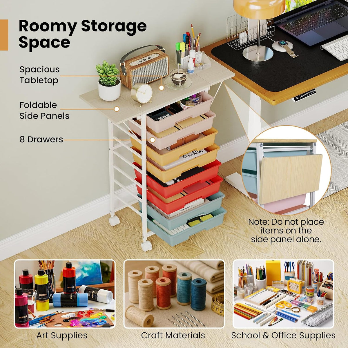 GOFLAME Rolling Storage Cart with Foldable Wooden Top