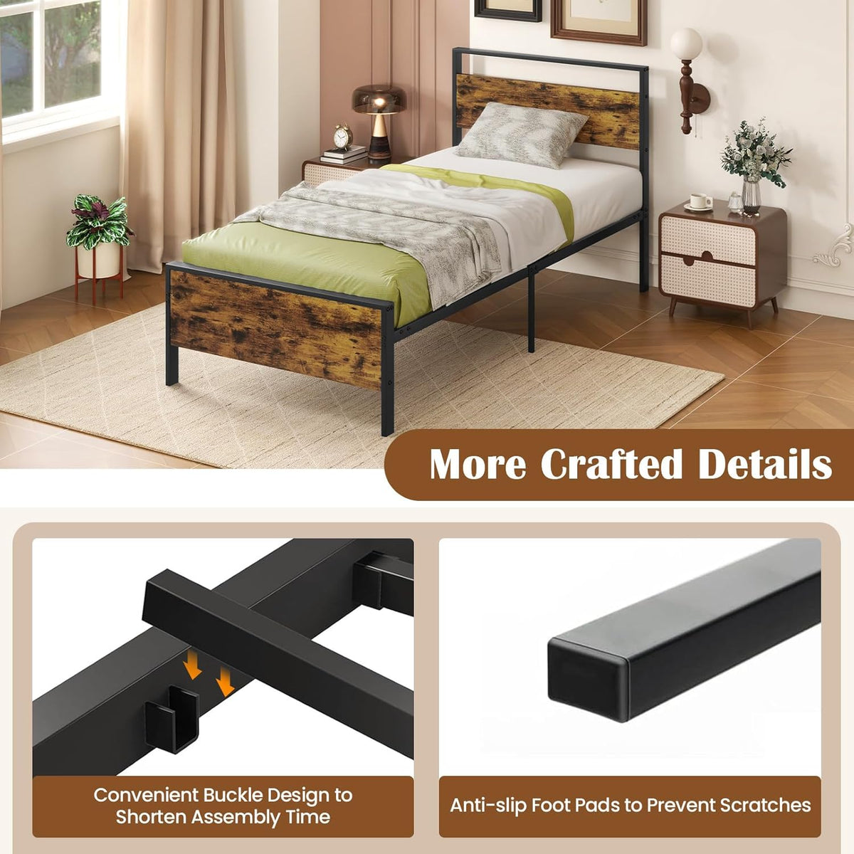Goflame Twin Size/Full Size/King Size/Queen Metal Platform Bed Frames with Wooden Headboard & Footboard