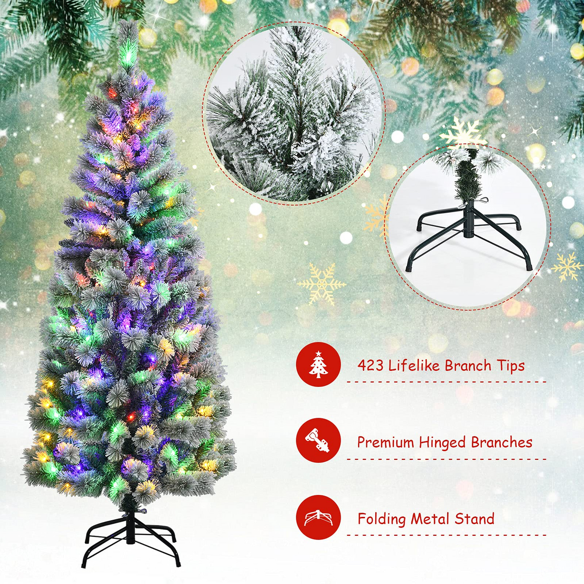 Goflame Snow Flocked Christmas Tree, Premium Hinged Artificial Pine Tree, Remote Controller, Xmas Full Tree for Indoor - GoflameUS