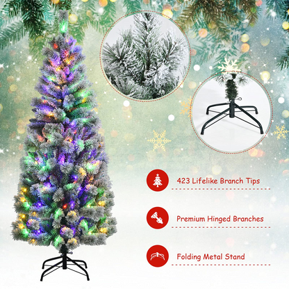 Goflame Snow Flocked Christmas Tree, Premium Hinged Artificial Pine Tree, Remote Controller, Xmas Full Tree for Indoor - GoflameUS