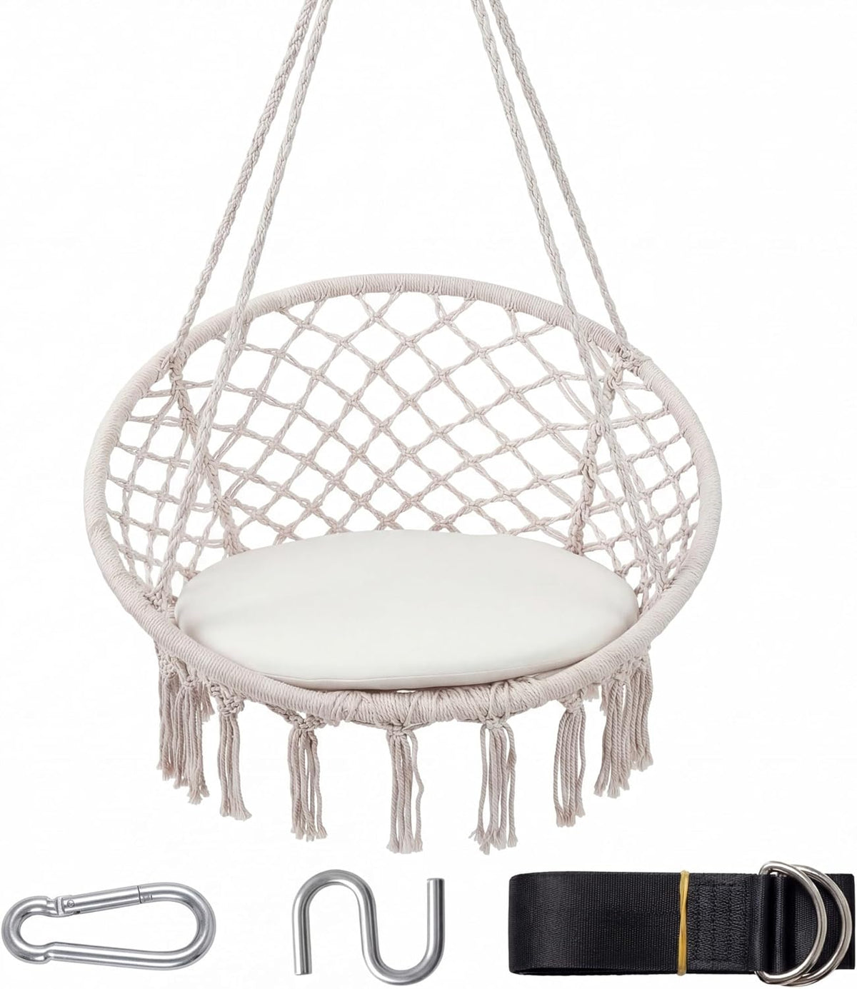 Goflame Hammock Chair Macrame Swing with Round Seat Cushion and Hardware Kit