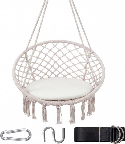 Goflame Hammock Chair Macrame Swing with Round Seat Cushion and Hardware Kit