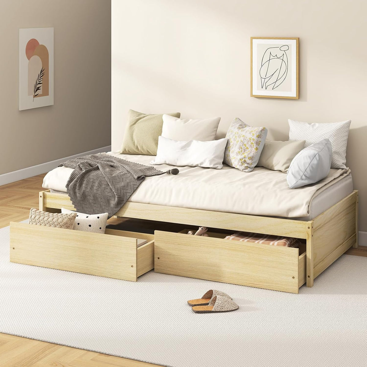 Goflame Queen/Full/Twin Size Bed Frame with 2 Storage Drawers, Solid Wood Platform Bed with Slats Support