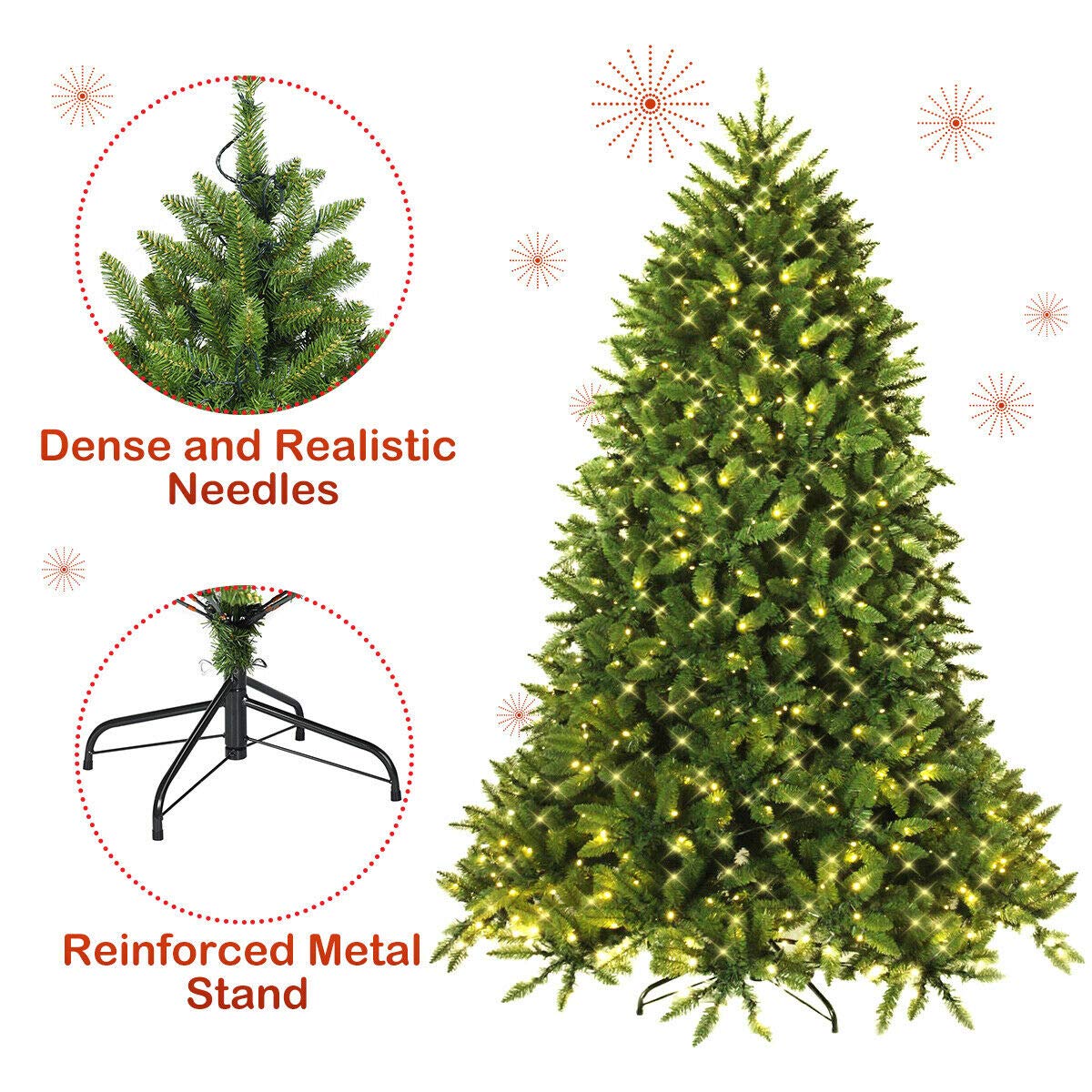 7.5ft Prelit Christmas Tree, Premium Hinged Artificial Fir Tree - GoflameUS