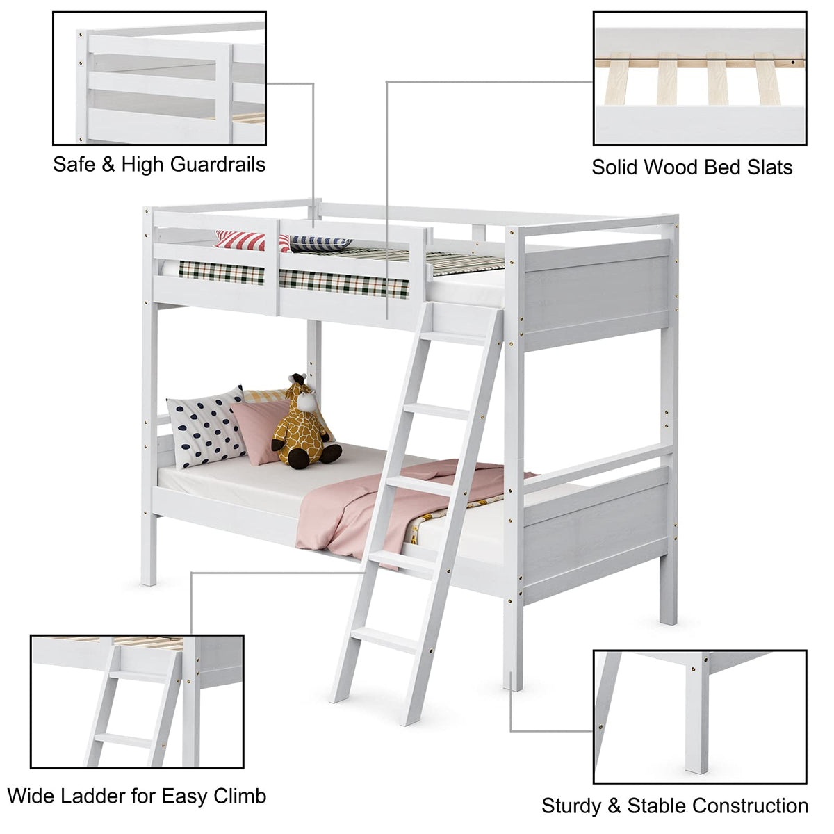 Goflame Twin Over Twin Bunk Bed, Solid Wood Twin Bunk Bed Convertible Into Two Individual Beds