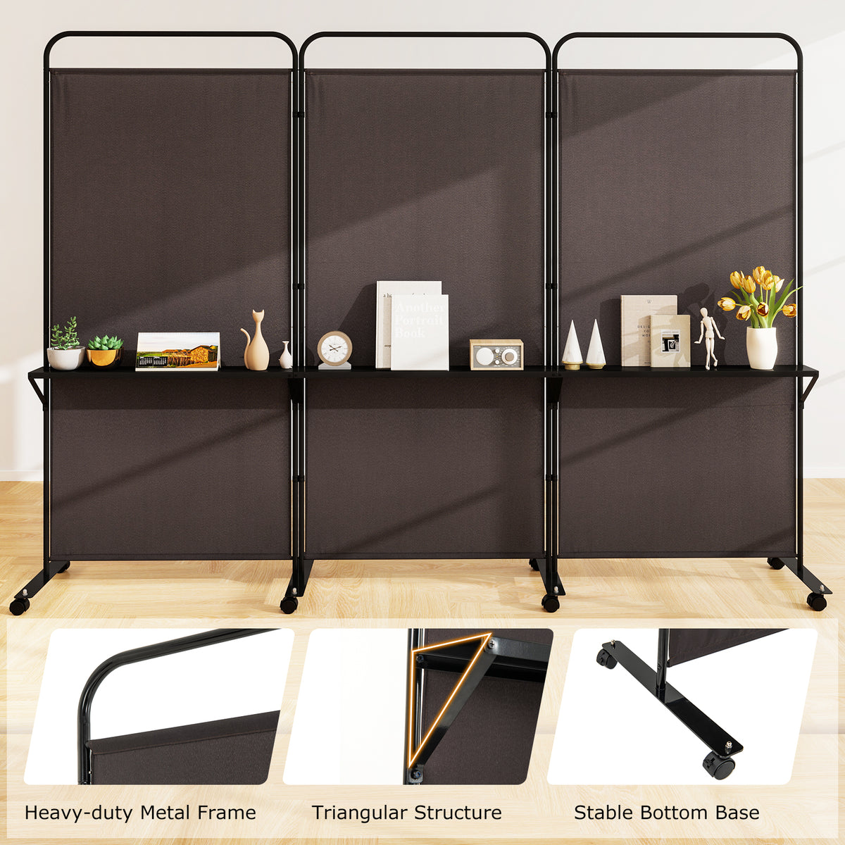 3 Panel Room Divider with Storage Shelves, 6FT Folding Privacy Screen with Lockable Wheels