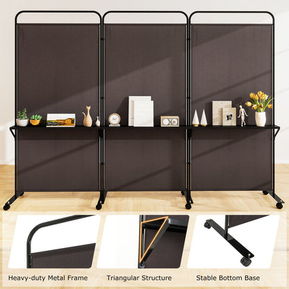 3 Panel Room Divider with Storage Shelves, 6FT Folding Privacy Screen with Lockable Wheels
