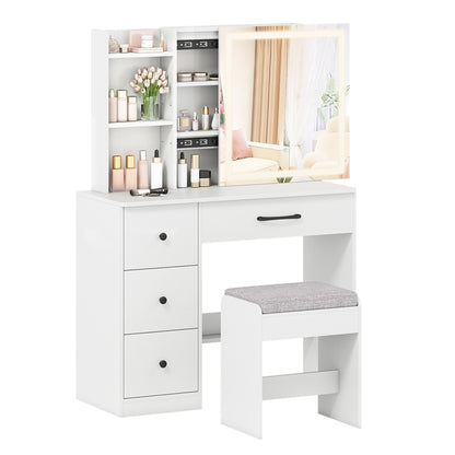 Makeup Vanity Desk with Sliding Mirror Cabinet, 38” Compact Vanity Table with Cushioned Stool