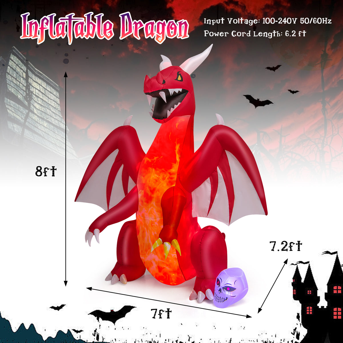 8 FT Halloween Inflatable Fire Dragon, Flash Blow up Lighted Inflatables with Multi-Color Skull