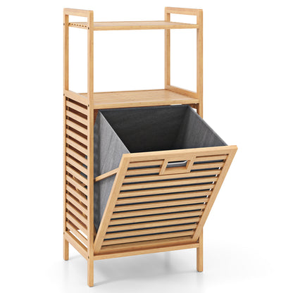 Tilt-out Laundry Hamper with 2-Tier Shelves, Bamboo Laundry Baskets Organizer with Removable & Foldable Fabric Liner
