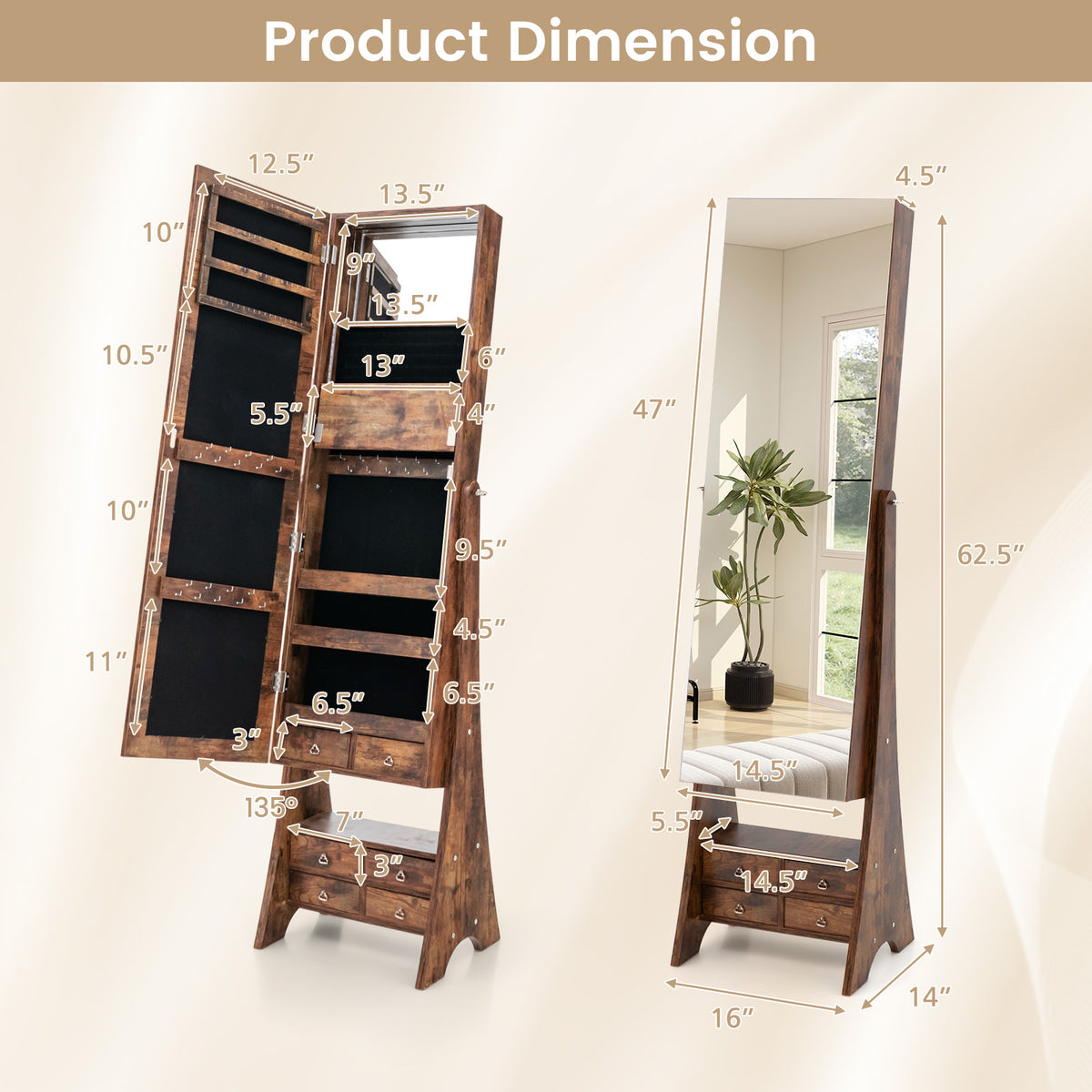 Jewelry Cabinet Freestanding, LED Lighted Jewelry Armoire with Full-length Frameless Mirror