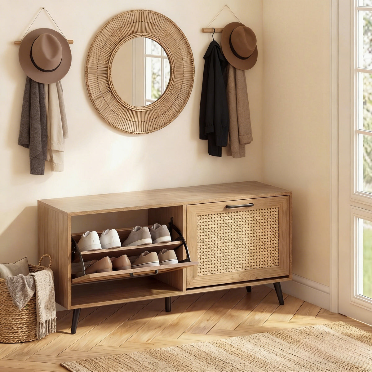 Rattan Shoe Storage Cabinet with 2 Flip Drawers, Hidden Shoe Storage Organizer with Adjustable Shelves and Metal Legs