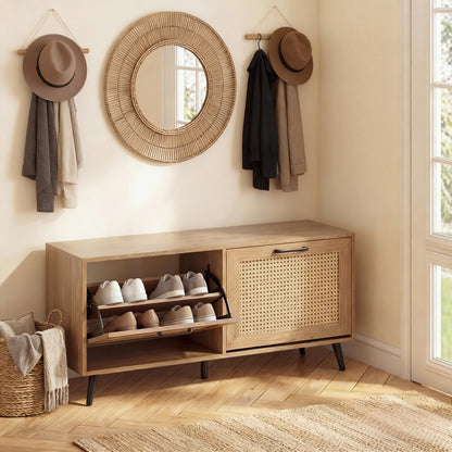 Rattan Shoe Storage Cabinet with 2 Flip Drawers, Hidden Shoe Storage Organizer with Adjustable Shelves and Metal Legs