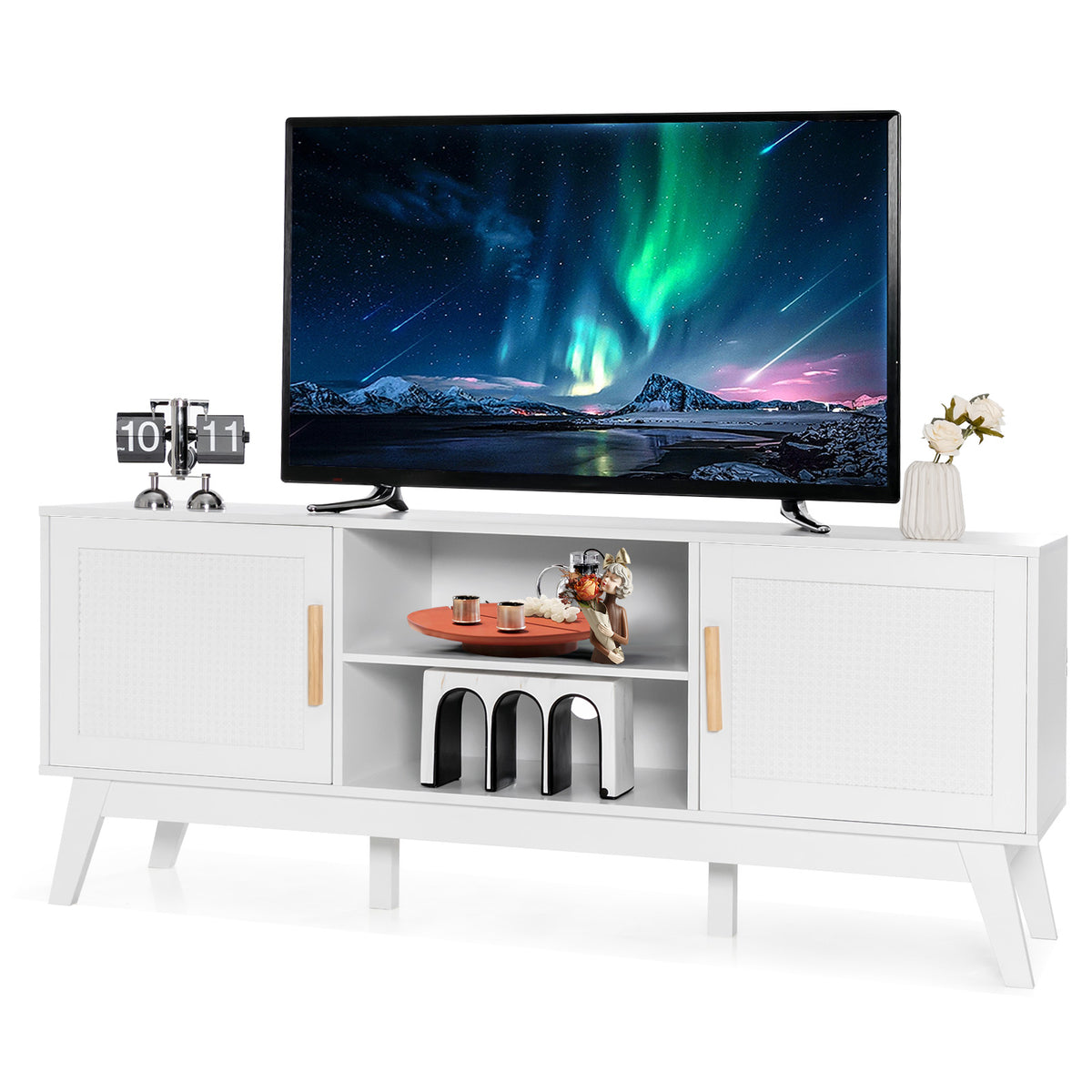 Rattan TV Stand for TVs up to 65 Inch, Modern Entertainment Center with Storage Cabinet