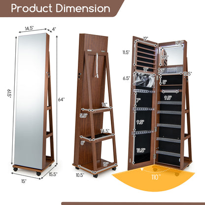 Jewelry Cabinet with Full Length Mirror, Lockable Jewelry Storage Organizer with Wheels