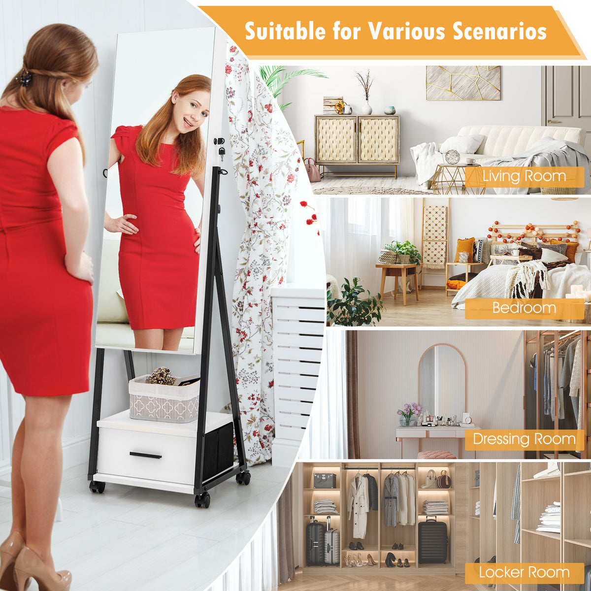 Rolling Jewelry Armoire Cabinet, Full Length Mirror with Storage, Floor Standing Lockable Jewelry Cabinet with Wheels