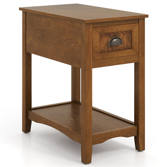 Narrow End Table with Drawer, Retro Sofa Side Table with Storage Shelf & Solid Rubber Wood Legs