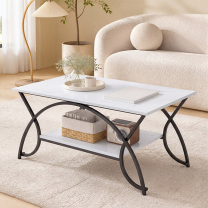Industrial Coffee Table, 2-Tier Rectangular Center Table with Storage Shelf