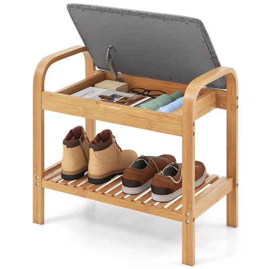 Bamboo Shoe Bench with Storage, 2-Tier Entryway Bench with Flip-Top Storage and Padded Seat Cushion