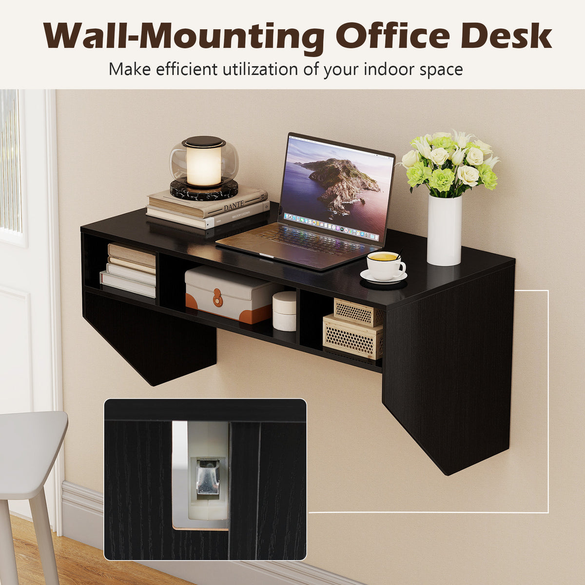 Wall-Mounted Computer Desk, Floating Study Table with Spacious Tabletop and 3 Open Compartments