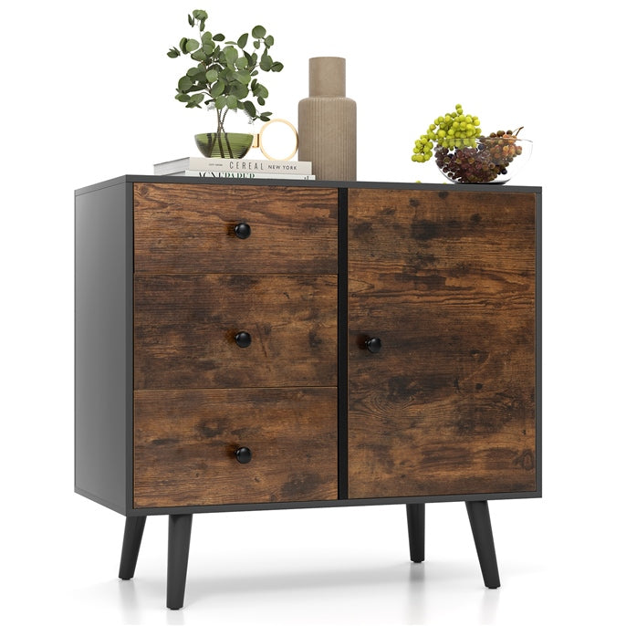 Storage Cabinet with Door & 3 Drawers, Mid-Century Floor Cabinet with Adjustable Shelf