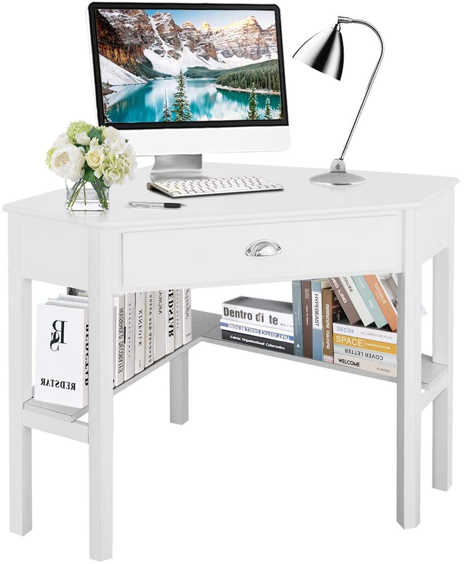 Computer Corner Desk, Wood Compact Home Office Writing Workstation with Drawer and Shelves