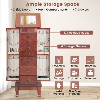 Jewelry Cabinet Armoire, Standing Jewelry Storage Organizer with Flip Top Makeup Mirror & 7 Drawers