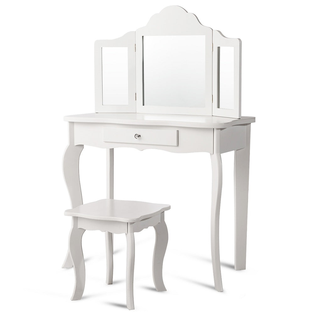 Wooden Vanity Table with Tri-Folding Mirror and Stool for Kids, Writing Table with Detachable Top and Large Capacity Drawer