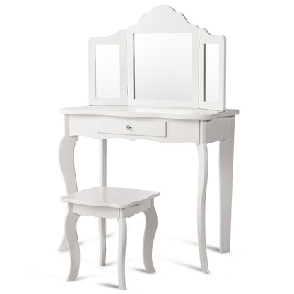 Wooden Vanity Table with Tri-Folding Mirror and Stool for Kids, Writing Table with Detachable Top and Large Capacity Drawer
