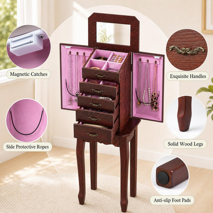 Jewelry Armoire Cabinet with Flip Top Mirror, Standing Jewelry Chest, Top Storage Tray