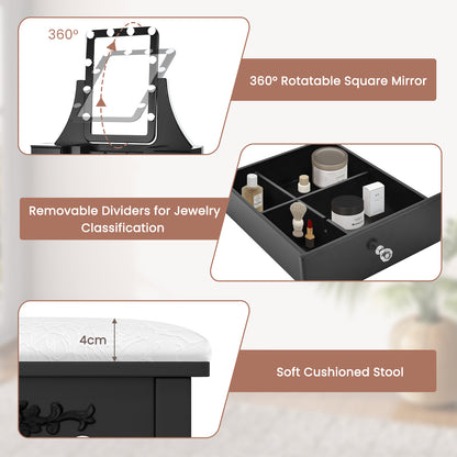 Vanity Table Set with Lighted Rotatable Mirror, Makeup Table with 3-Color Lights