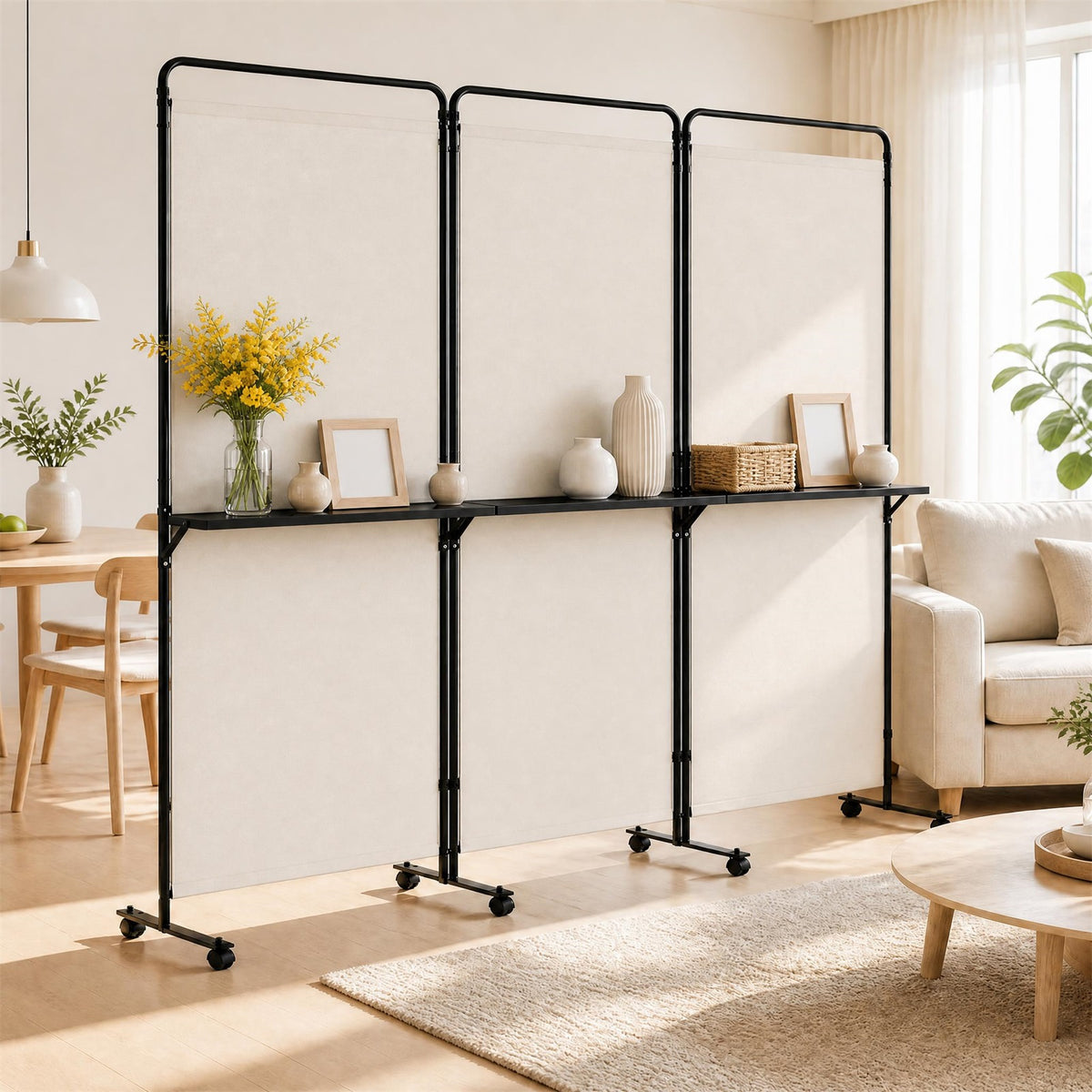 3 Panel Room Divider with Storage Shelves, 6FT Folding Privacy Screen with Lockable Wheels