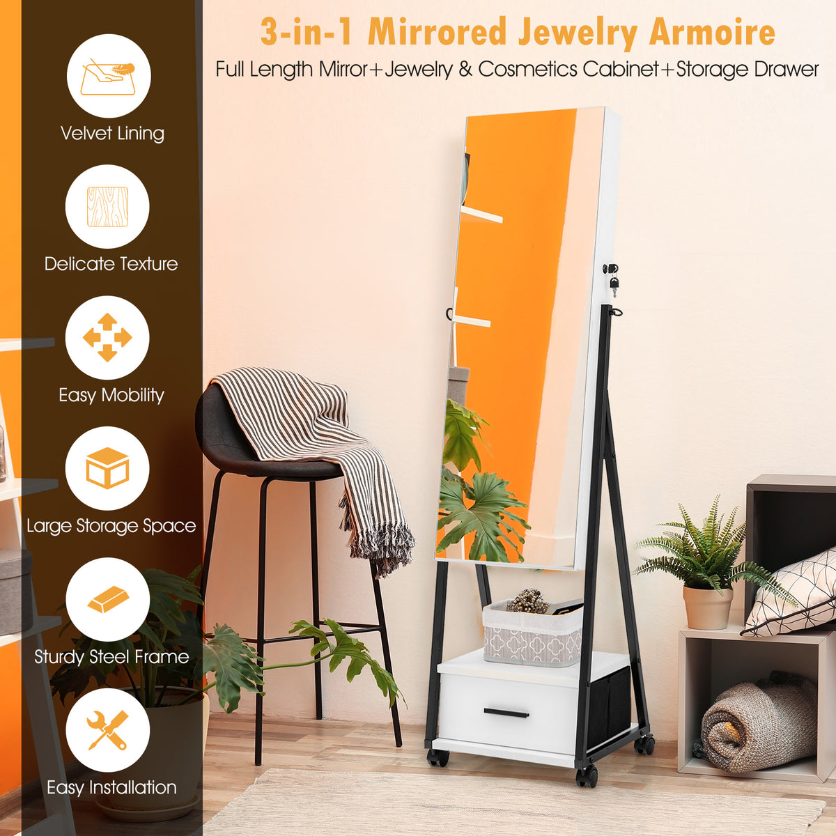 Rolling Jewelry Armoire Cabinet, Full Length Mirror with Storage, Floor Standing Lockable Jewelry Cabinet with Wheels