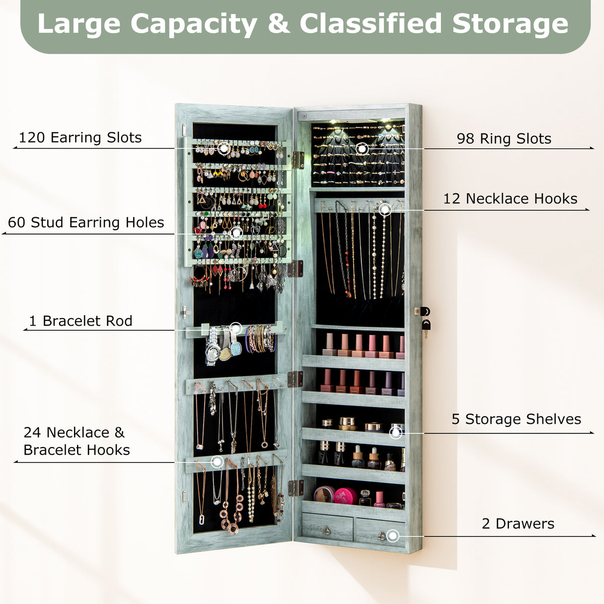 Jewelry Cabinet Wall Door Mounted, 47.5” Frameless Full Length Mirror with Storage & LED Lights