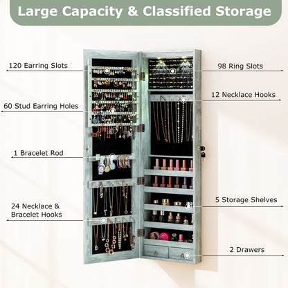 Jewelry Cabinet Wall Door Mounted, 47.5” Frameless Full Length Mirror with Storage & LED Lights
