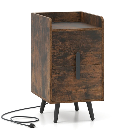 Nightstand with Charging Station, Narrow Bedside Table with 2 Storage Drawers