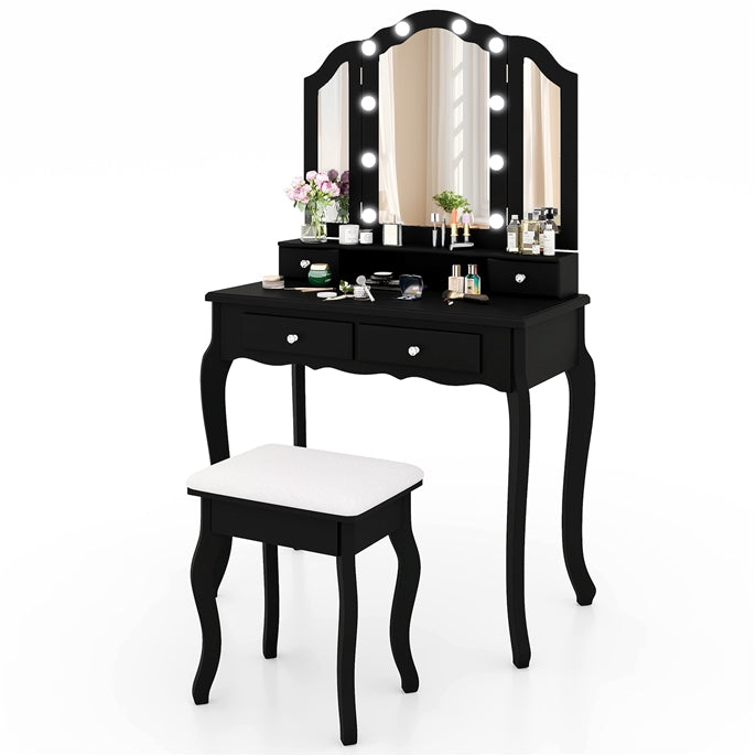 Makeup Vanity Set with Tri-Fold Mirror & Dimmable Lights, Vanity Desk and Cushioned Stool Set with 4 Drawers