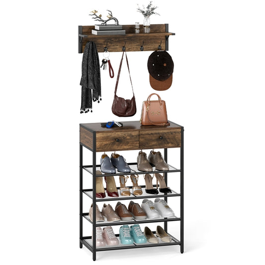 Coat Rack Shoe Storage Set, 396 Lbs Industrial Hall Tree Entryway Table Set with 4-Tier Shoe Storage