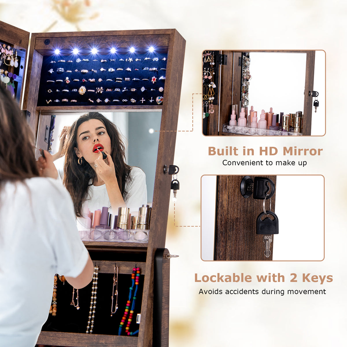 Jewelry Cabinet Freestanding, Lockable Jewelry Armoire Organizer with Full-length Frameless Mirror