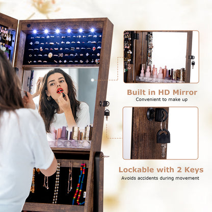 Jewelry Cabinet Freestanding, Lockable Jewelry Armoire Organizer with Full-length Frameless Mirror