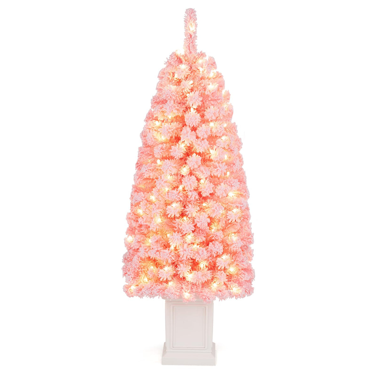 GOFLAME 4FT/5FT Pre-lit Potted Christmas Tree | Snow Flocked Pink Christmas Tree