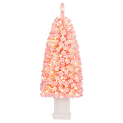 GOFLAME 4FT/5FT Pre-lit Potted Christmas Tree | Snow Flocked Pink Christmas Tree